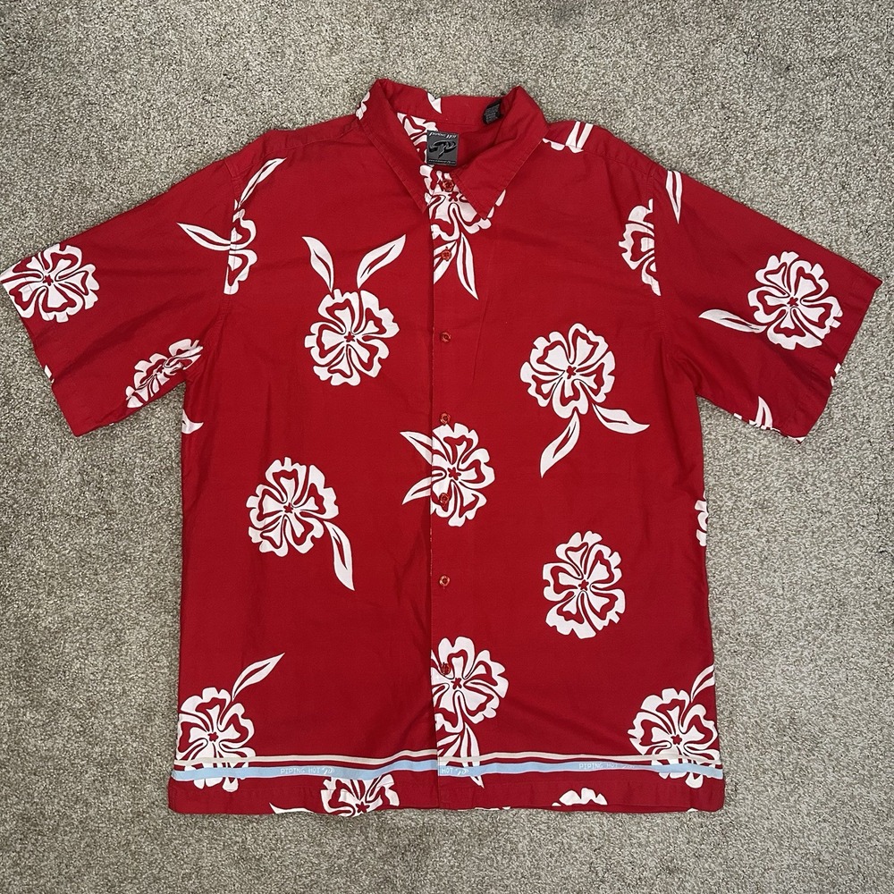 Piping Hot Floral Red White Short Sleeved Button Shirt Men's Size XLarge
